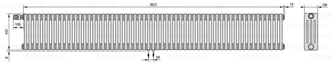 Схема (чертеж) Радиатор Zehnder Charleston 4045/57 №V007 Белый глянцевый RAL 9016